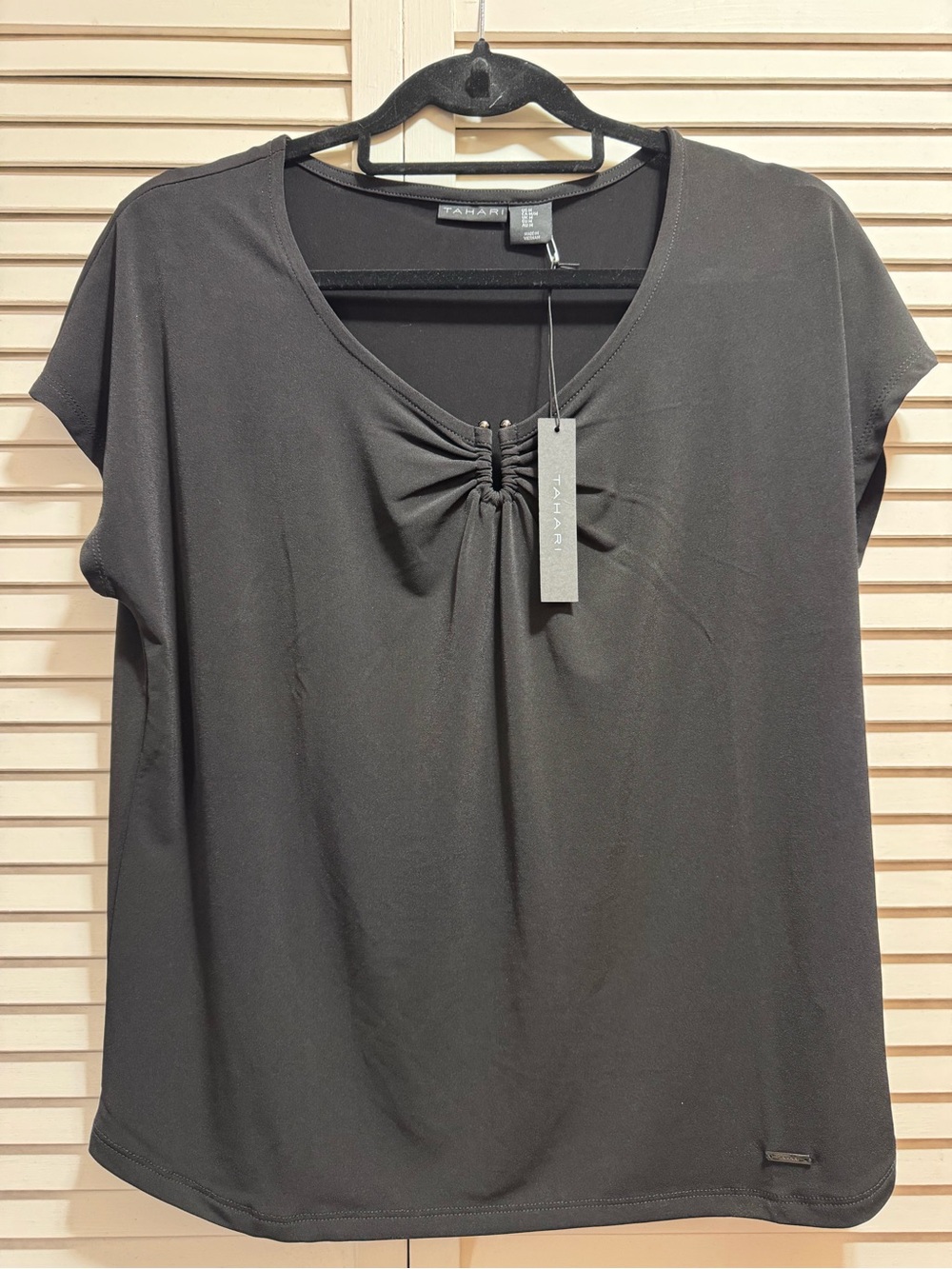 New with Hangtags - Tahari Black Short Sleeve V-Neck Top with Front Gather
